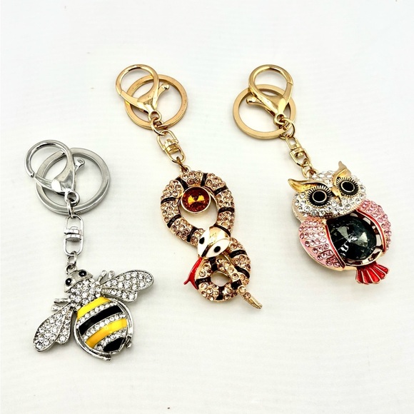 Woodland Bling Keychain Purse Charm Bundle - Lot of 3 (Owl, Bee, Snake) - Picture 1 of 7
